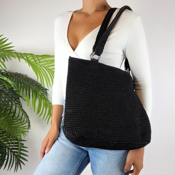 Vintage Y2K Black Boho Woven Knit Beachy Cottagecore Sack Tote Bag Purse - Picture 1 of 6